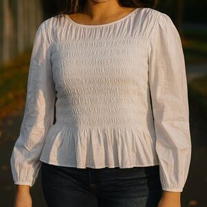 ANN TAYLOR White Smocked Peplum Long Sleeve Blouse shirt‎ Size M NWT Cottagecore
